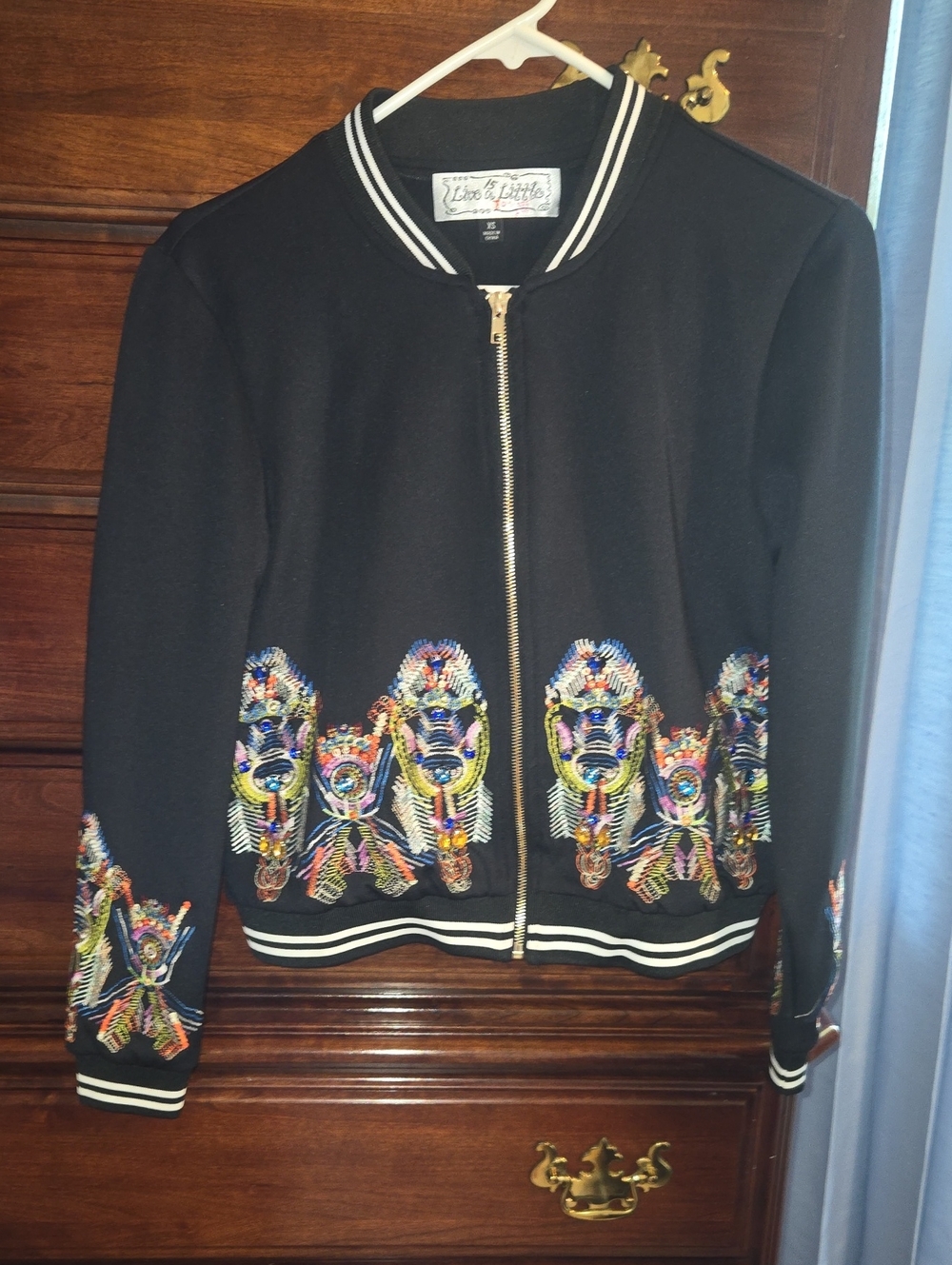 Live a Little Black Bomber Jacket with Multicolor Embroidery